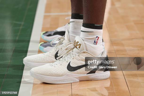 The sneakers worn by Bobby Portis of the Milwaukee Bucks during the game against the Sacramento Kings on January 14, 2024 at the Fiserv Forum Center...