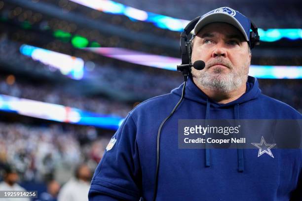 Head coach Mike McCarthy of the Dallas Cowboys looks on before kickoff against the Green Bay Packers during the NFC Wild Card playoff game at AT&T...