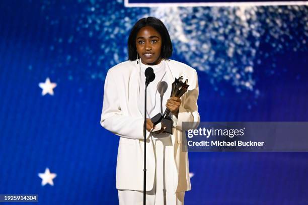 Ayo Edebiri accepts the award for Best Actress in a Comedy Series for "The Bear" at The 29th Critics' Choice Awards held at The Barker Hangar on...