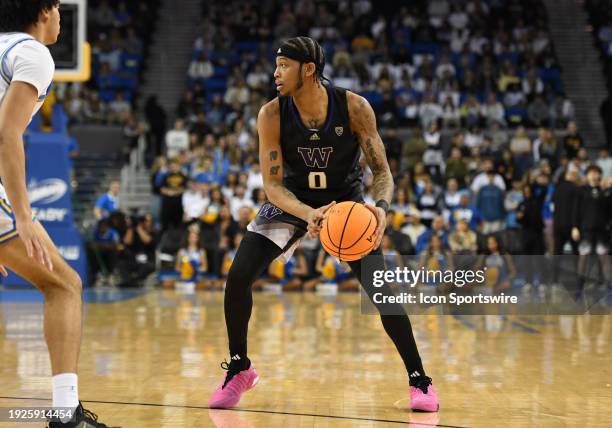 Washington Huskies guard Koren Johnson sets up to pass the ball during the game between the Washington Huskies and the UCLA Bruins on January 14 at...