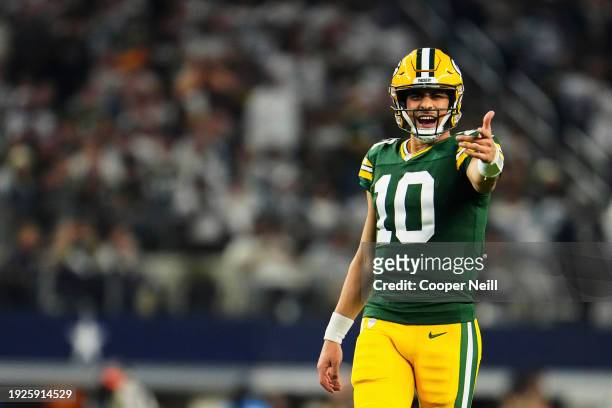 Jordan Love of the Green Bay Packers reacts after a play against the Dallas Cowboys during the second half of the NFC Wild Card playoff game at AT&T...