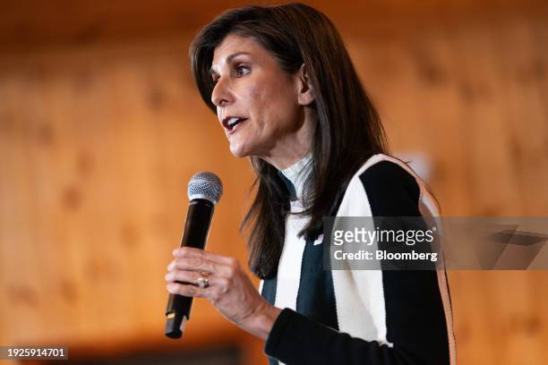Nikki Haley, former ambassador to the United Nations and 2024 Republican presidential candidate, speaks during a campaign event at Country Lane Lodge...