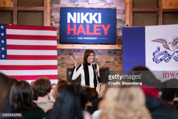 Nikki Haley, former ambassador to the United Nations and 2024 Republican presidential candidate, during a campaign event at Country Lane Lodge in...