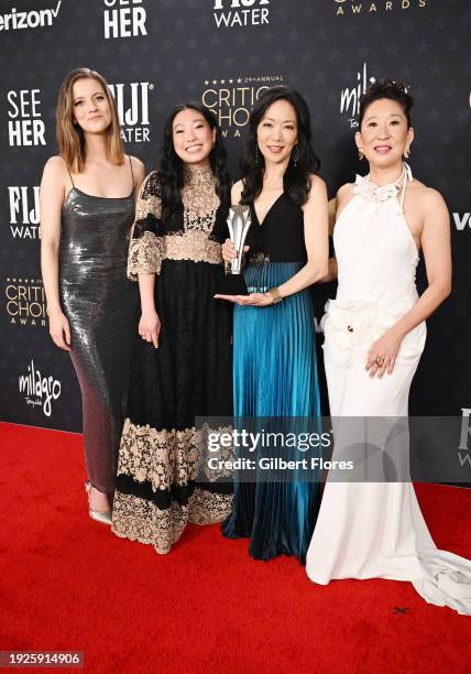 Jen D'Angelo, Awkwafina, Jessica Yu and Sandra Oh, winners of the Best Movie Made for Television award for "Quiz Lady," pose in the press room at The...