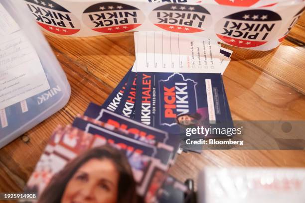 Stickers and caucus cards supporting Nikki Haley, former ambassador to the United Nations and 2024 Republican presidential candidate, during a...