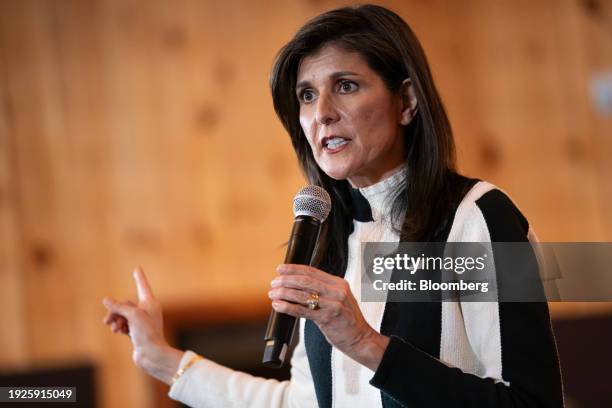 Nikki Haley, former ambassador to the United Nations and 2024 Republican presidential candidate, speaks during a campaign event at Country Lane Lodge...