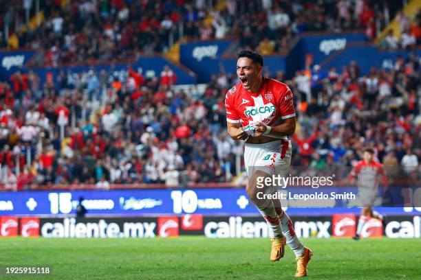 Ricardo Monreal of Necaxa celebrates after scoring the team's first goal during the 1st round match between Necaxa and Atlas as part of the Torneo...
