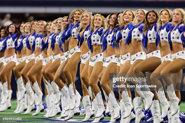 The Dallas Cowboys Cheerleaders perform during the NFC Wild Card game between the Dallas Cowboys and the Green Bay Packers on January 14, 2024 at...