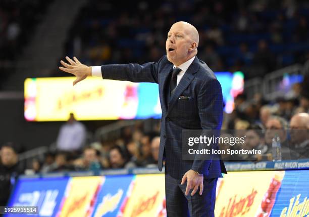 Bruins head coach Mick Cronin directing players on the court during the game between the Washington Huskies and the UCLA Bruins on January 14 at...