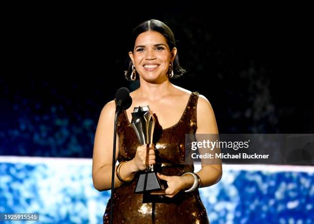 America Ferrera accepts the Critic's Choice SeeHer Award at The 29th Critics' Choice Awards held at The Barker Hangar on January 14, 2024 in Santa...