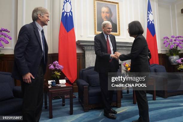 Taiwan President Tsai Ing-wen shakes hands with former US national security advisor Stephen Hadley and former US deputy Secretary of State James...