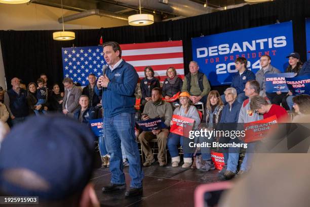 Ron DeSantis, governor of Florida and 2024 Republican presidential candidate, center left, speaks during a campaign event at The District Venue in...