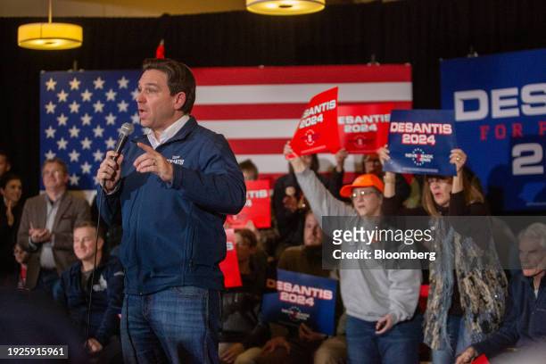 Ron DeSantis, governor of Florida and 2024 Republican presidential candidate, center left, speaks during a campaign event at The District Venue in...
