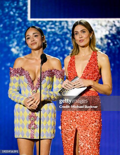 Ashley Madekwe and Mandy Moore speak onstage at The 29th Critics' Choice Awards held at The Barker Hangar on January 14, 2024 in Santa Monica,...