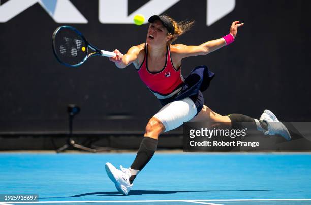Laura Siegemund of Germany in action against Ekaterina Alexandrova in the first round on Day 2 of the 2024 Australian Open at Melbourne Park on...