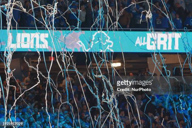 Celebratory streamers are released after a Detroit Lions win of an NFC Wildcard Playoffs game between the Detroit Lions and the Los Angeles Rams in...