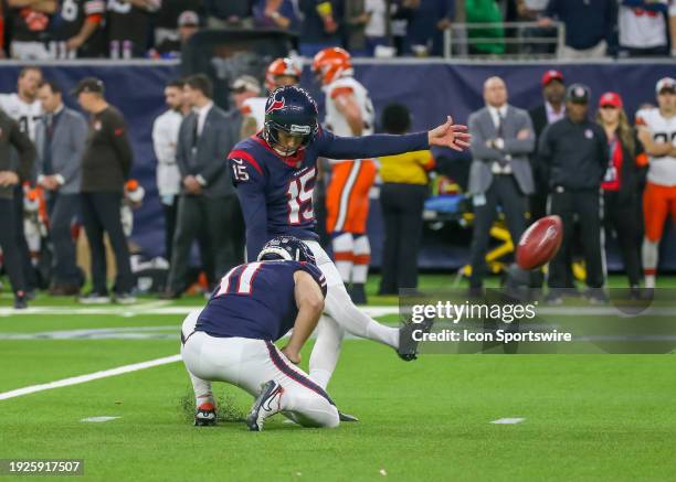 Houston Texans place kicker Ka'imi Fairbairn kicks for an extra point in the third quarter during the AFC Wild Card game between the Cleveland Browns...
