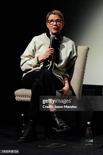 Annette Bening speaks at the Q&A during Netflix's Nyad NYC Tastemaker Screening at Crosby Hotel on January 12, 2024 in New York City.