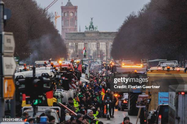 Road blockades are pictured during the demonstration of the farmers on January 15, 2024 in Berlin, Germany. Thousands of farmers protest against the...