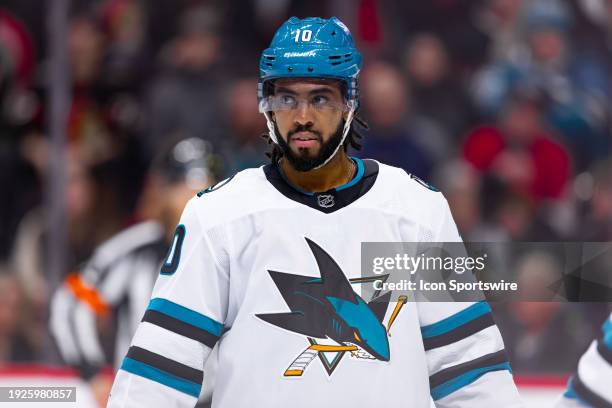 San Jose Sharks Right Wing Anthony Duclair before a face-off during third period National Hockey League action between the San Jose Sharks and Ottawa...