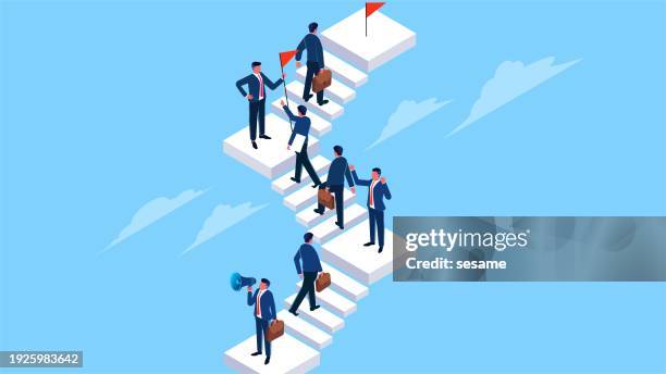 career development, job advancement and promotion, improvement of professional skill levels, isometric businessmen on steps of different heights continue to climb up the ladder - ladder of success stock illustrations