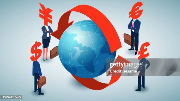 global business, economy, trade and money, internationalization of economy business and finance, international business trade and exchange, isometric currency symbols for merchants standing by the earth - world capital markets symposium stock illustrations