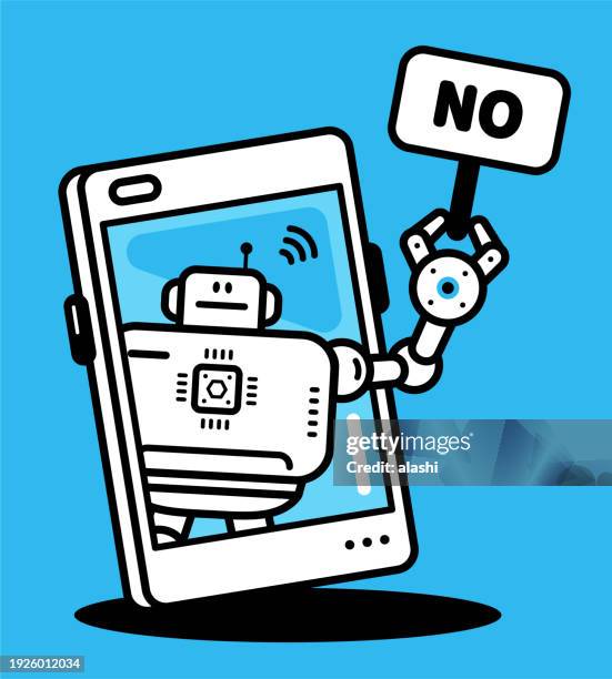 an ai chatbot assistant holds a no sign on a smartphone screen - cartoon bullies stock illustrations