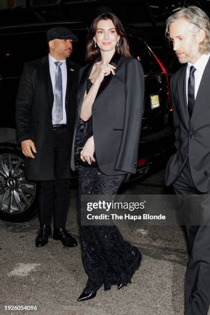 Anne Hathaway and Adam Shulman arrive to National Board of Review Awards at Cipriani 42 on January 11, 2024 in New York City.