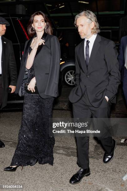 Anne Hathaway and Adam Shulman arrive to National Board of Review Awards at Cipriani 42 on January 11, 2024 in New York City.