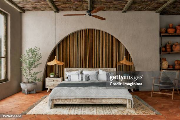 modern rustic bedroom interior - shabby chic imagens e fotografias de stock