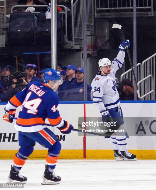 Auston Matthews of the Toronto Maple Leafs celebrates his 2nd goal of the second period against the New York Islanders at UBS Arena on January 11,...