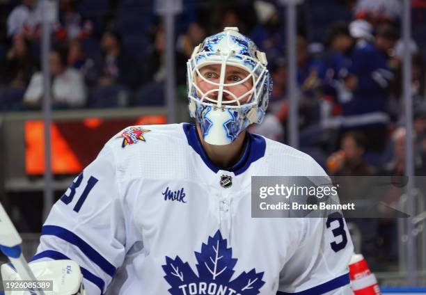 Martin Jones of the Toronto Maple Leafs tends net against the New York Islanders during the second period at UBS Arena on January 11, 2024 in Elmont,...