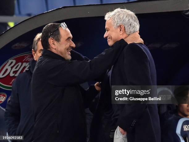 Josè Mourinho head coach of AS Roma and Maurizio Sarri head coach of SS Lazio prior the match between of SS Lazio and AS Roma - Coppa Italia at...