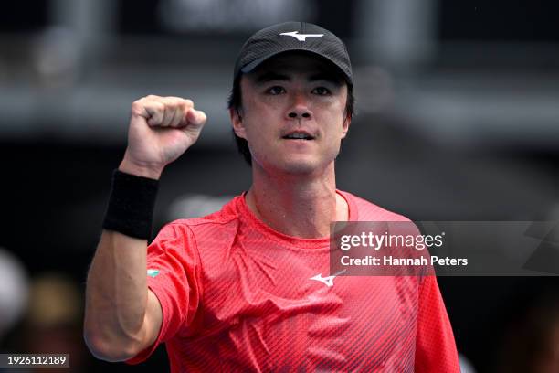 Taro Daniel of Japan reacts during his semi final match against Ben Shelton of USA during the 2024 Men's ASB Classic at ASB Tennis Centre on January...