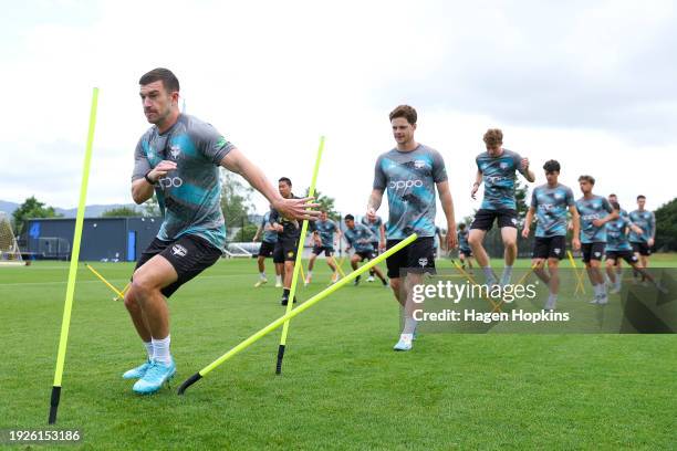 Tim Payne takes part in a drill during a Wellington Phoenix A-League training session at NZCIS on January 12, 2024 in Wellington, New Zealand.