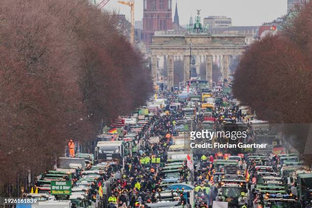 Road blockades are pictured during the demonstration of the farmers on January 15, 2024 in Berlin, Germany. Thousands of farmers protest against the...