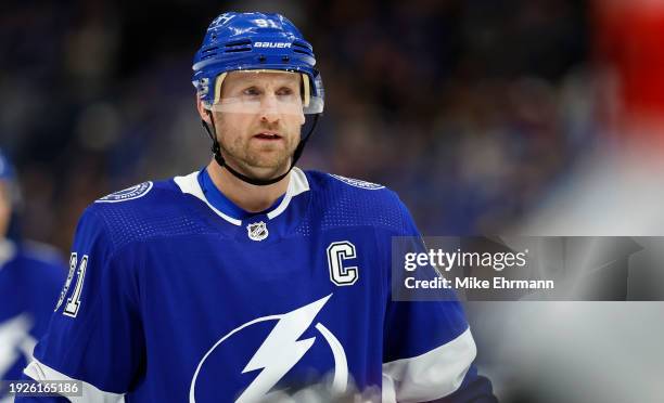 Steven Stamkos of the Tampa Bay Lightning faces off in the second period during a game against the New Jersey Devils at Amalie Arena on January 11,...