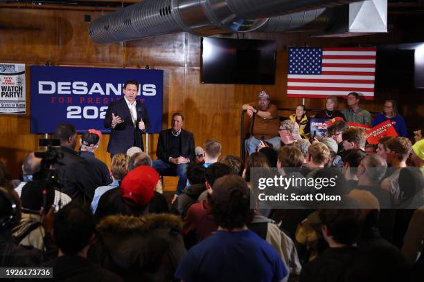 Republican presidential candidate Florida Governor Ron DeSantis speaks at a campaign event at Jethro's BBQ on January 11, 2024 in Ames, Iowa. Iowa...