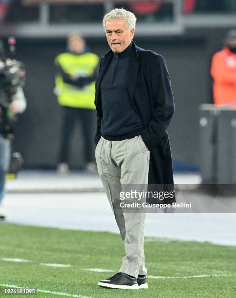 Josè Mourinho head coach of AS Roma looks on during the match between of SS Lazio and AS Roma - Coppa Italia at Stadio Olimpico on January 10, 2024...