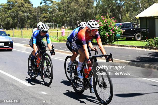 India Grangier of France and Team Coop - Repsol and Katia Ragusa of Italy and Team Human Powered Health compete in the breakaway during the 8th...