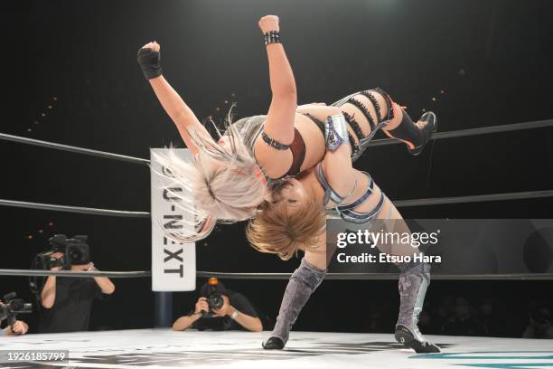 Saori Anou and Ruaka compete during the Women's Pro-Wrestling "Stardom" at Tokyo Dome City on January 04, 2024 in Tokyo, Japan.
