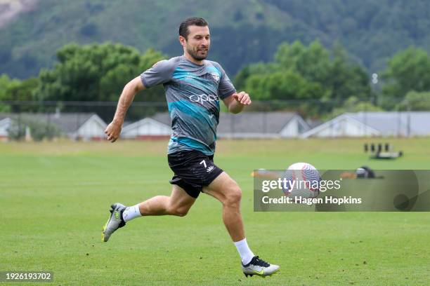 Kosta Barbarouses in action during a Wellington Phoenix A-League training session at NZCIS on January 12, 2024 in Wellington, New Zealand.