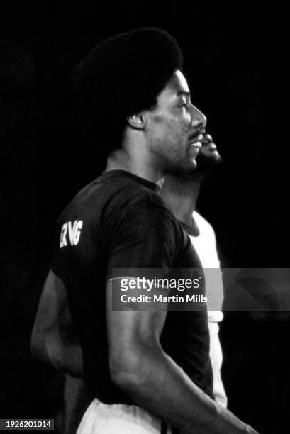 Player of the Philadelphia 76ers, Julius Erving, stands on the court during the 3 on 3 Celebrity Basketball Tournament at the Las Vegas Hilton...