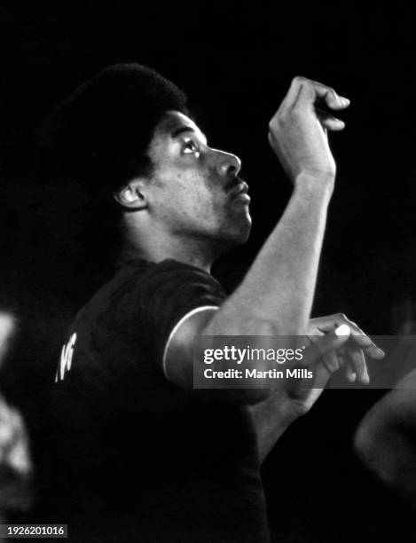 Player of the Philadelphia 76ers, Julius Erving, looks for the rebound during the 3 on 3 Celebrity Basketball Tournament at the Las Vegas Hilton...