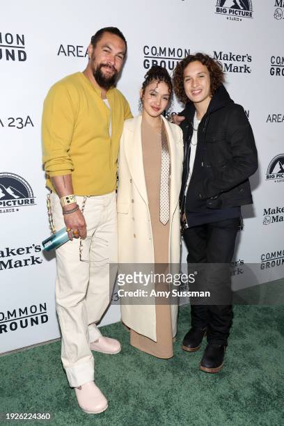 Jason Momoa, Lola Iolani Momoa and Nakoa-Wolf Momoa attend the Los Angeles special screening of "Common Ground" at Samuel Goldwyn Theater on January...
