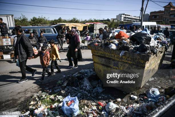 View of pile of garbage as public services have come to a standstill due to months of Israeli attacks in Rafah, Gaza on January 13, 2024. Municipal...