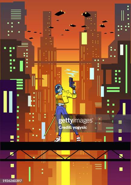 stockillustraties, clipart, cartoons en iconen met vector female mercenary in a cyberpunk city vector illustration - visor digital