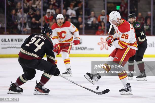 Elias Lindholm of the Calgary Flames attempts to play the puck under pressure from Matt Dumba of the Arizona Coyotes during the first period of the...
