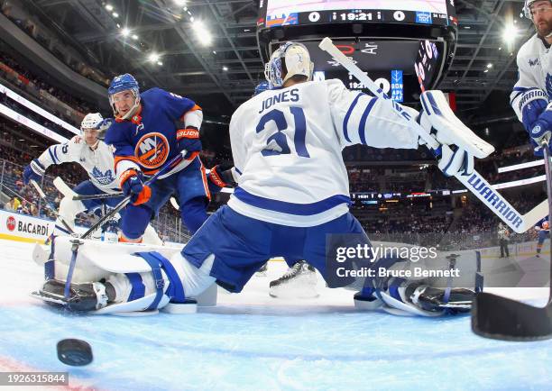 Kyle Palmieri of the New York Islanders scores at 40 seconds of the first period against Martin Jones of the Toronto Maple Leafs at UBS Arena on...