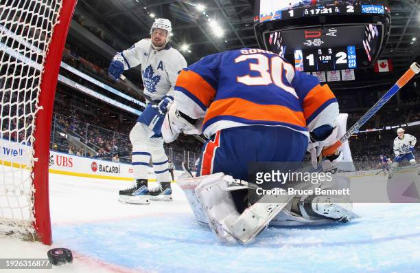Auston Matthews of the Toronto Maple Leafs scores his 2nd goal of the second period against Ilya Sorokin of the New York Islanders at UBS Arena on...